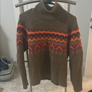 Cozy Brown Turtleneck Sweater with Colorful Pattern